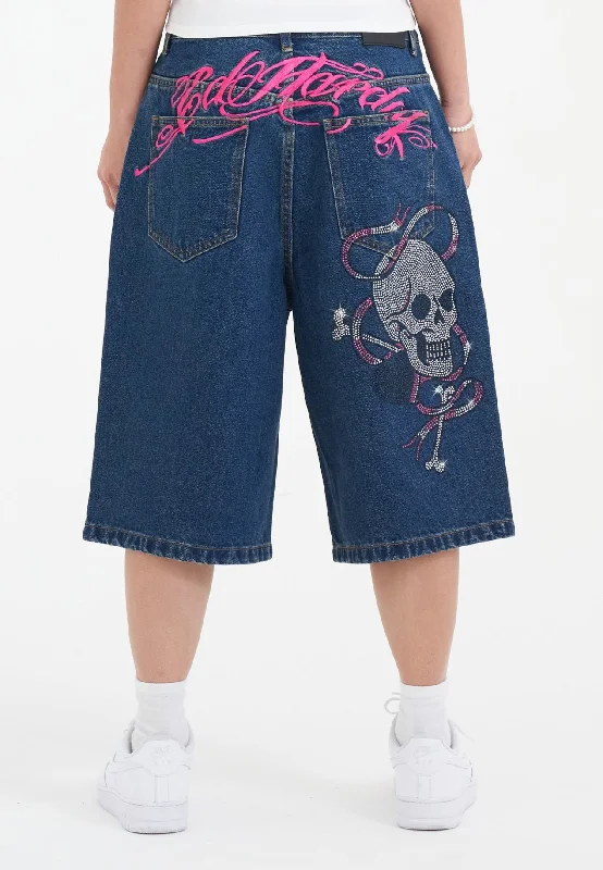 Sale Alert – Get Ready to Shop!Womens Love Wrapped Diamante Denim Jorts Shorts  - Indigo