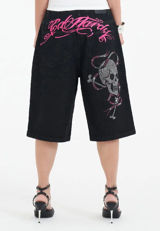 Buy More, Save More!Womens Love Wrapped Diamante Denim Jorts Shorts - Black