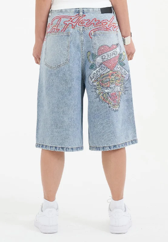Your Wallet Will Thank You!Womens Love Runs Wild Diamante Denim Jorts Shorts  - Bleach