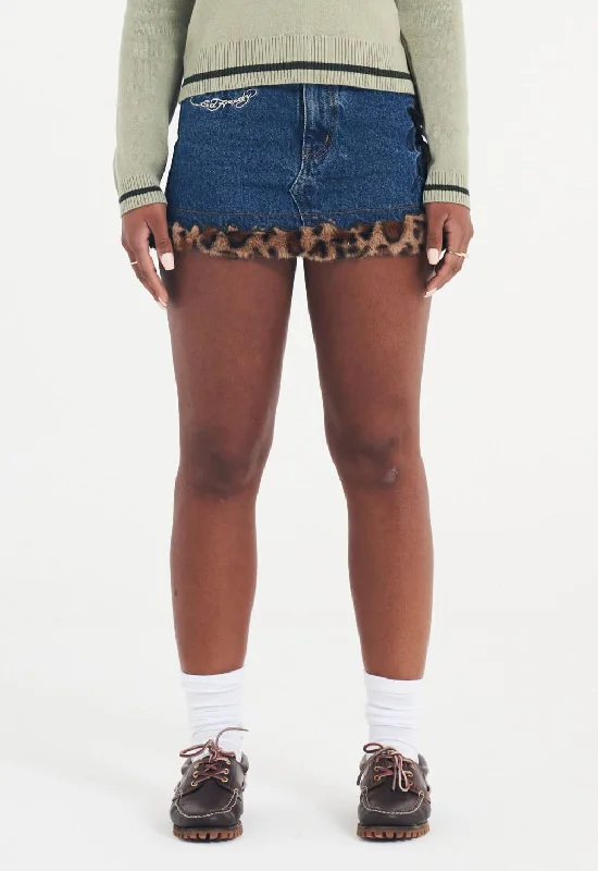 The Best Deals Won’t Wait!Womens Leo Fur Trim Denim Mini Skirt - Indigo