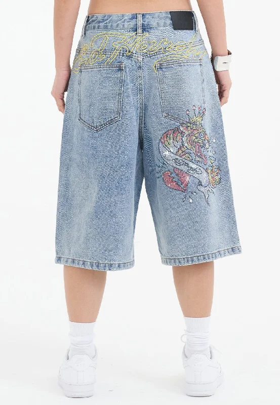 Shop Smart, Save Big!Womens Tiger King Diamante Denim Jorts Shorts  - Bleach