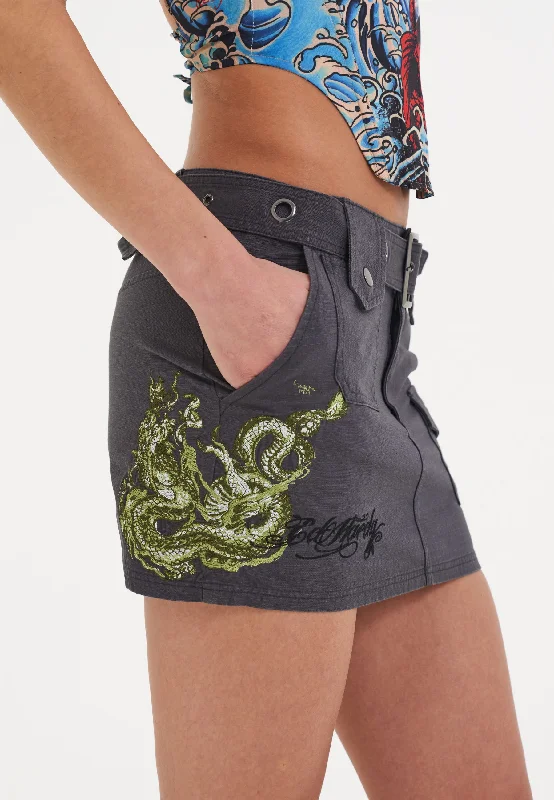 Limited Stock Available!Womens Twisted Dragon Cargo Mini Skirt - Grey