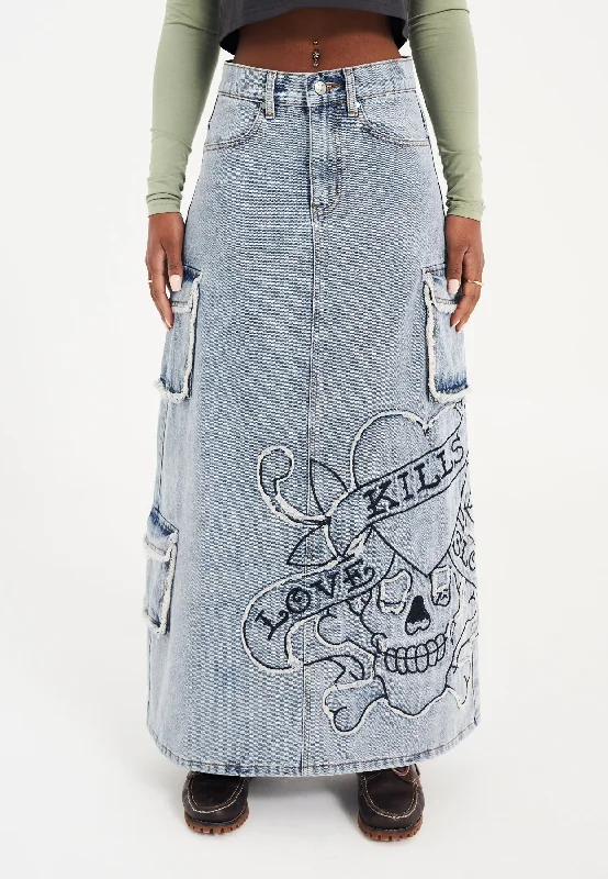 Everything Must Go!Womens Raw Edge Lks Denim Maxi Skirt - Bleach