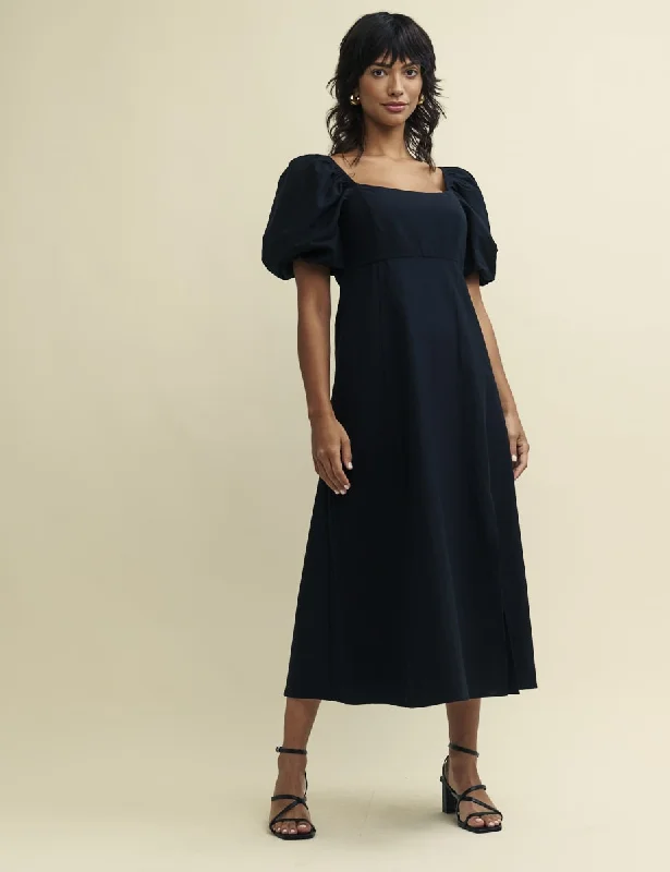 Black Linen-blend Puff Sleeve Henri Midi Dress