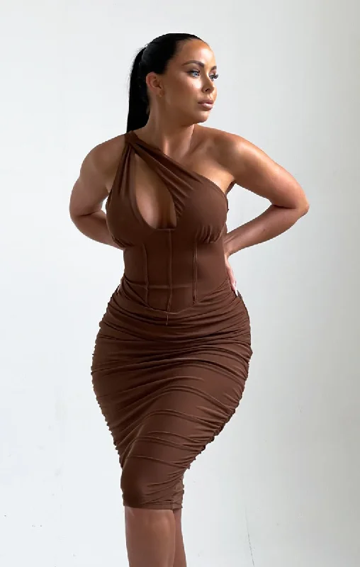 Chocolate One Shoulder Cut Out Ruched Midi Dress - Bria