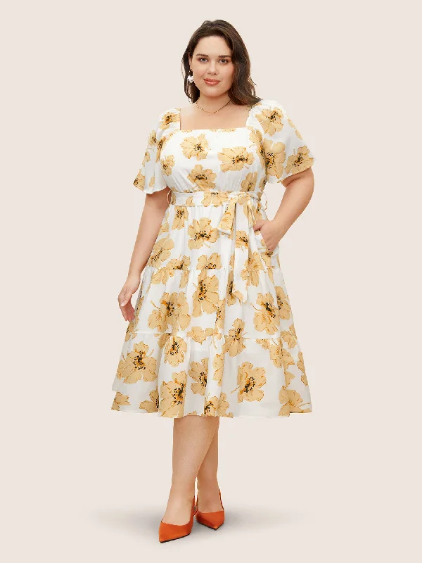 Square Neck Floral Raglan Sleeve Belted Dress