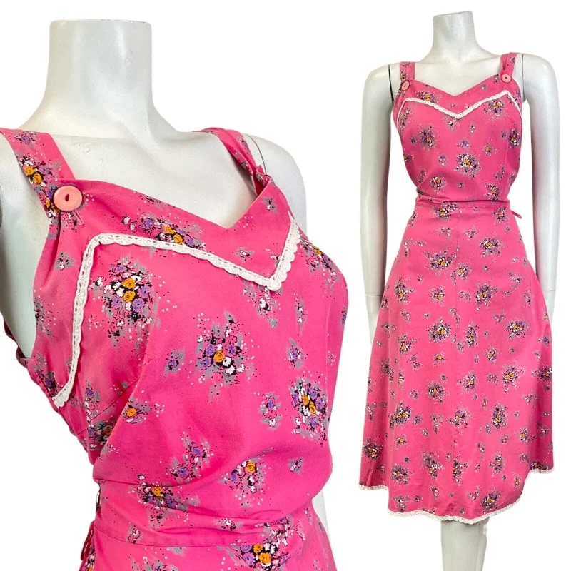 VINTAGE 70s PINK WHITE BLACK FLORAL BOUQUET LACE DITSY SUMMER SUN-DRESS 12 14