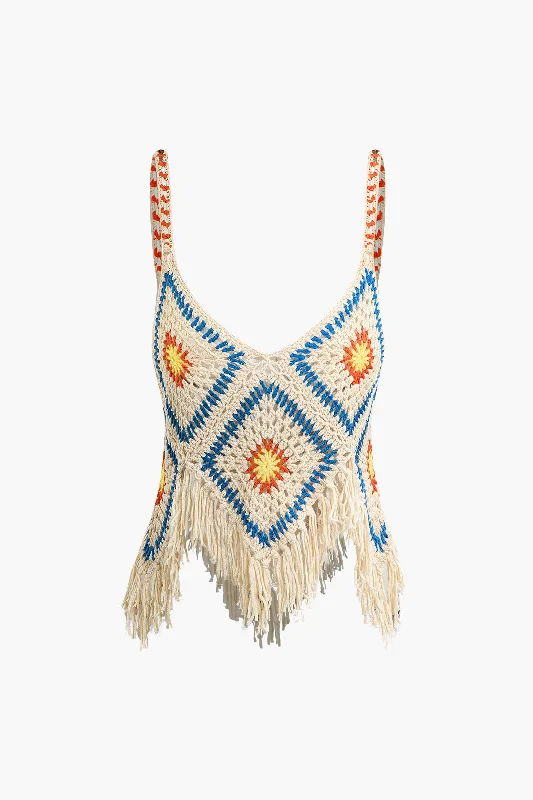 Geometric Pattern Bohemian Fringed Crochet Knit Cami Top