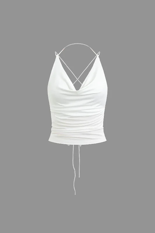 Solid Crossed Backless Draped Cowl Neck Tie-Up Cami Top