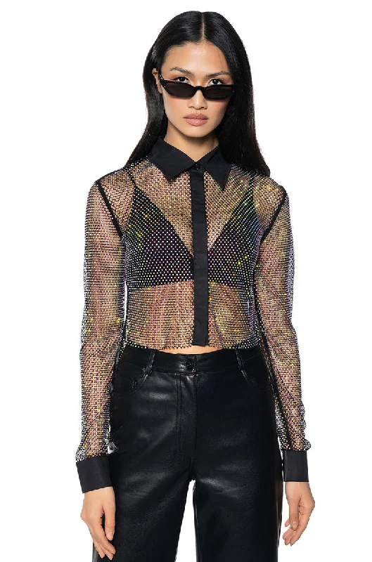 CLUB VIP RHINESTONE MESH BUTTON DOWN SHIRT