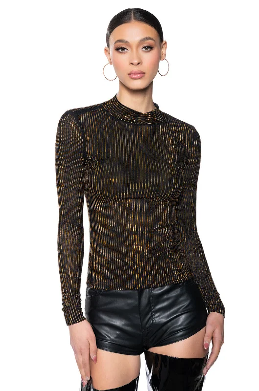 GOLDEN GLITZ LONG SLEEVE MESH TOP