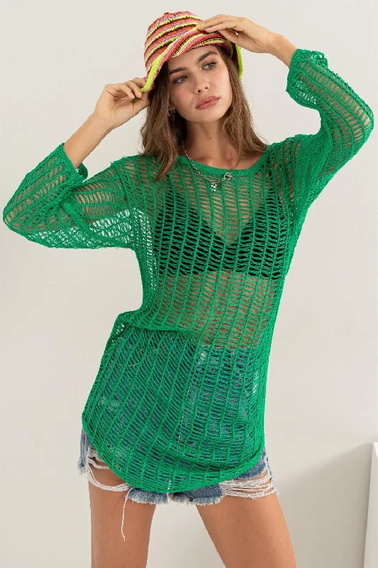 Hot Girl HYFVE Crochet Boho Cover Up In Green Long Sleeve Top