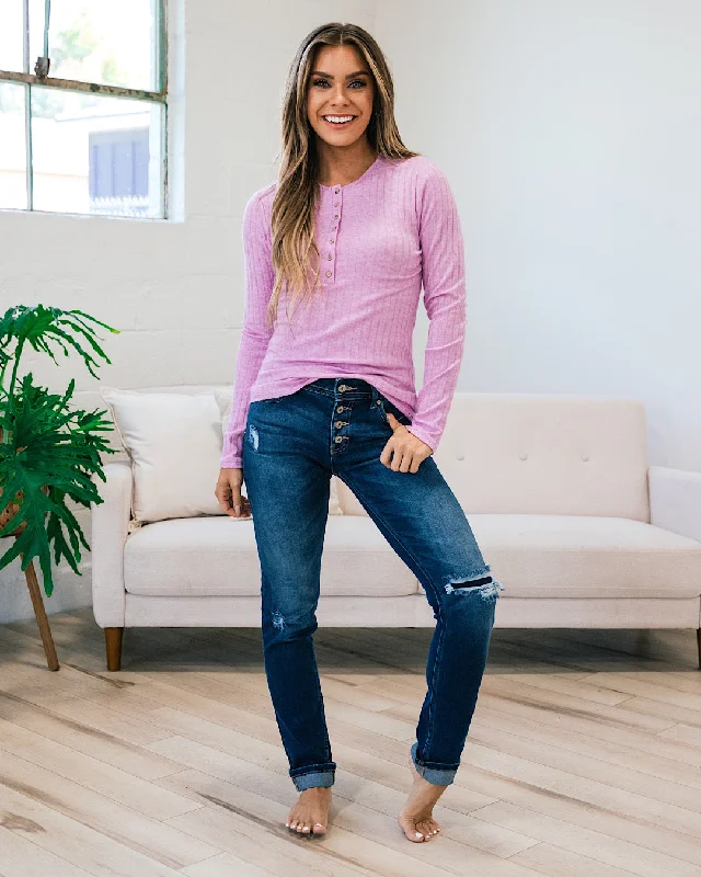 Wide Ribbed Henley Long Sleeve Top - Mauve