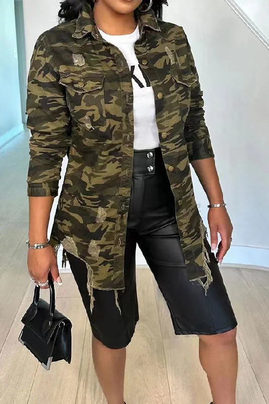 Camouflage Boyish Ripped Frayed Button Shacket