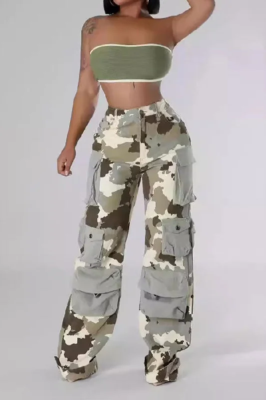 Camouflage Sporty Multi Pocket Straight Cut Pants