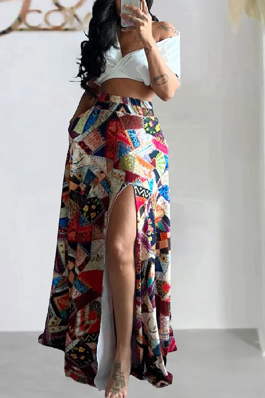 Tribal Print On-trend Pocket High Split Skirt