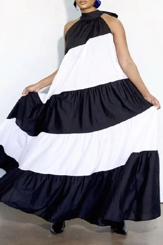 Color Block Halter Collar Whimsical Flowy Tiered Maxi Dress