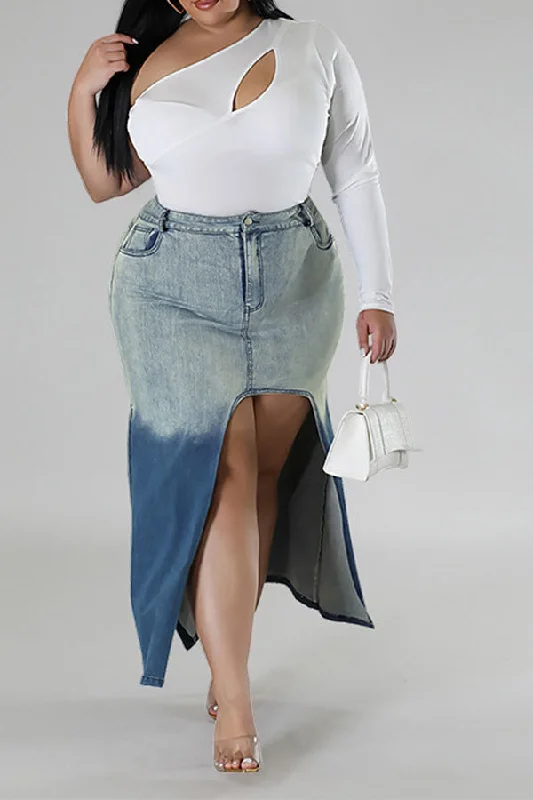 Gradient Denim Classic High Split Skirt