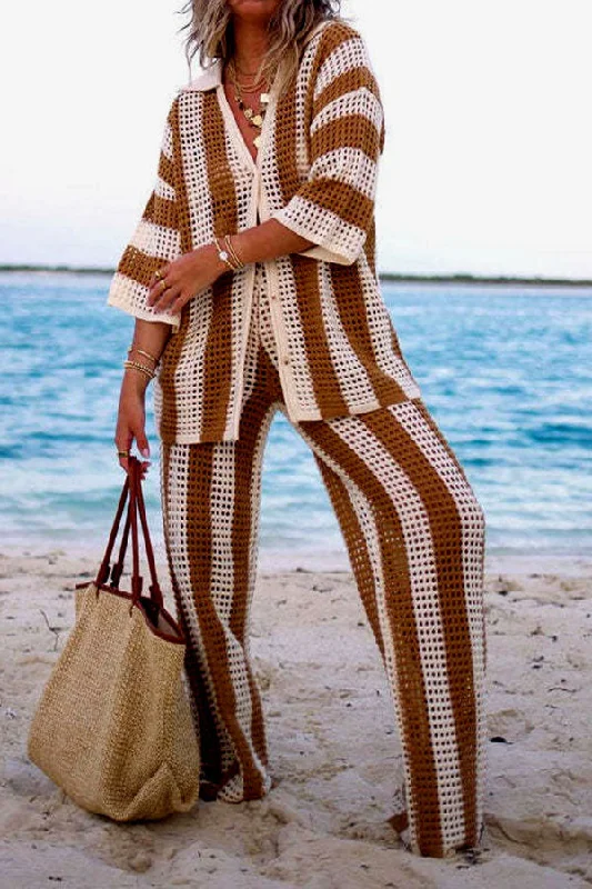 Hit Color Crochet Cutout Relaxed Pant Suit