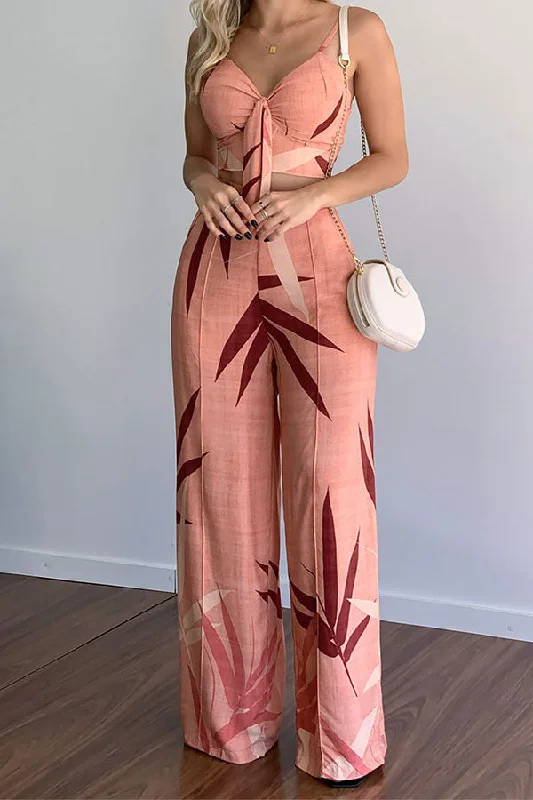 Leaf Print Romantic Lace-Up Wide Leg Pant Suit