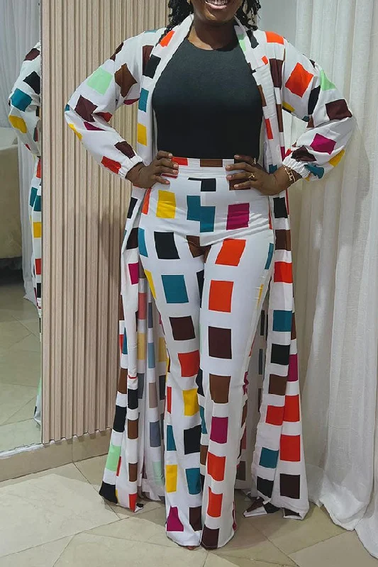 Multicolor Geometric Print Laid Back Side Slit Pant Suit