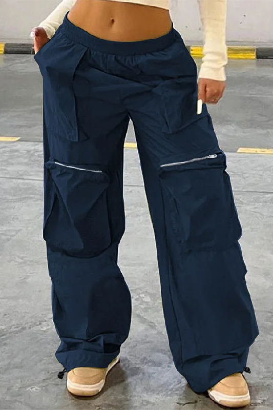 Solid Color Casual Multi Pocket Drawstring Pants