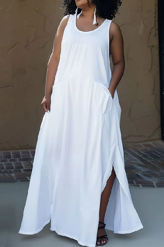 Solid Color Casual Patch Pocket High Split Maxi Dress