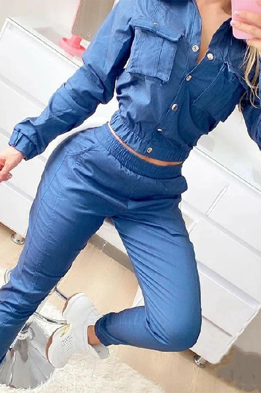 Solid Color Cozy Snaps Pocket Pant Suit