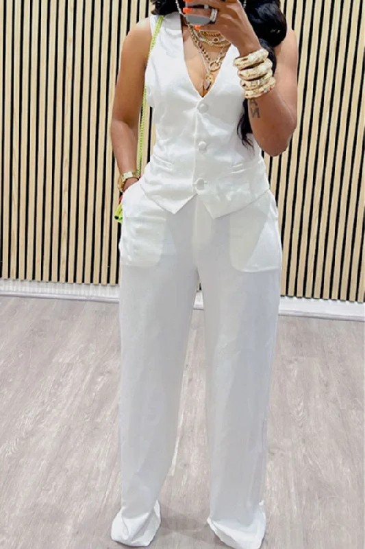 Solid Color Pretty V Neck Straight Pant Suit