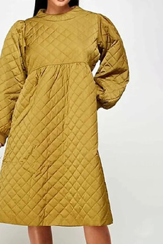 Solid Color Quilted Casual Lantern Sleeve Midi Dress