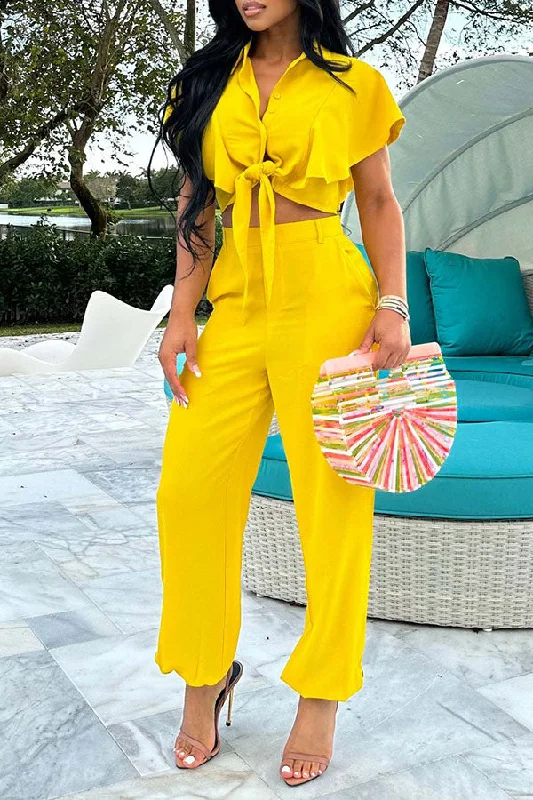 Solid Color Ruffle Sleeve Stylish Tie Front Pant Suit