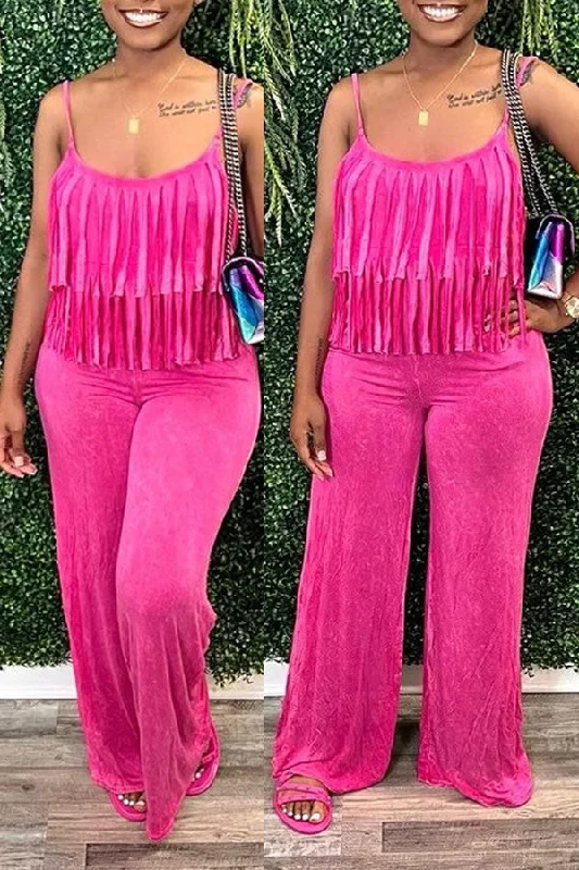 Solid Color Urban Tassel Wide Leg Jumpsuit