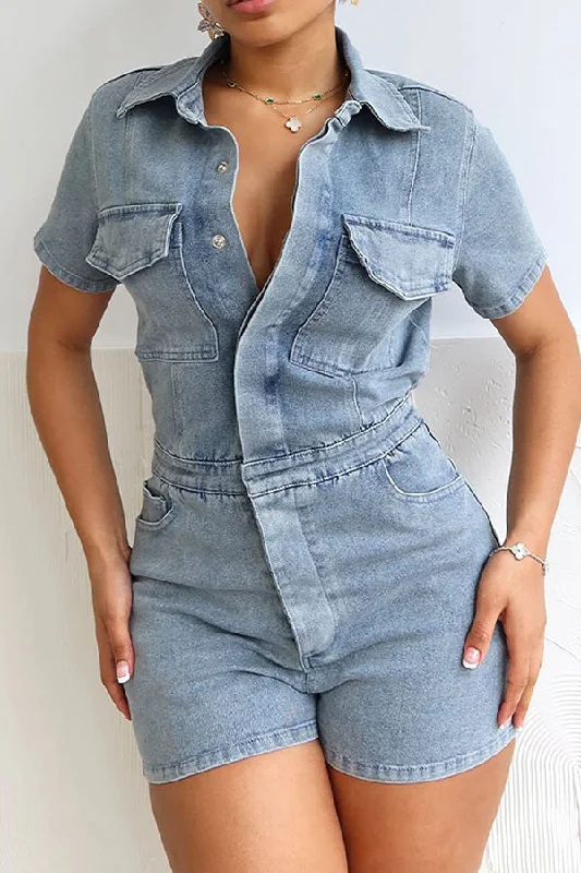 Solid Color Washed Denim Classic Pocket Romper