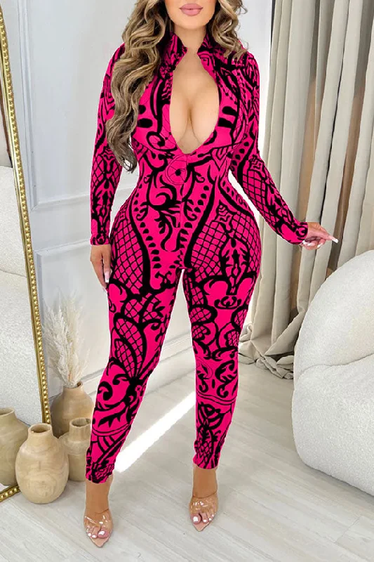 Tribal Print Retro Zipper Bodycon Jumpsuit