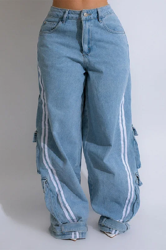 Washed Distressed Striped Patchwork Cozy Multi Pocket Jeans