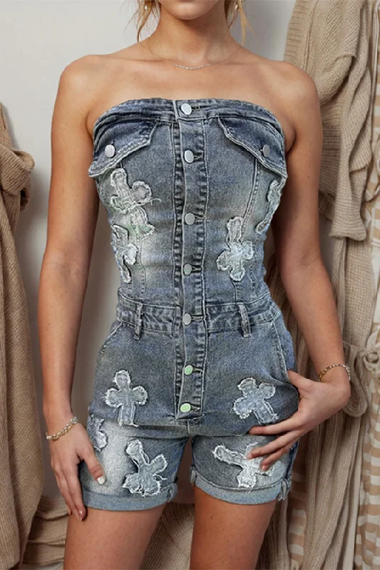 Washed Gradient Denim Cross Applique Stylish Strapless Romper