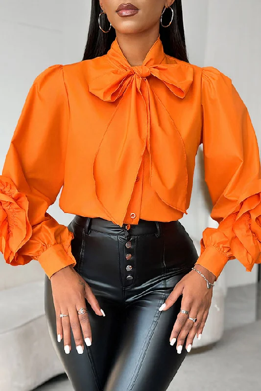 Solid Color 3D Flower Decor Elegant Pussy Bow Blouse