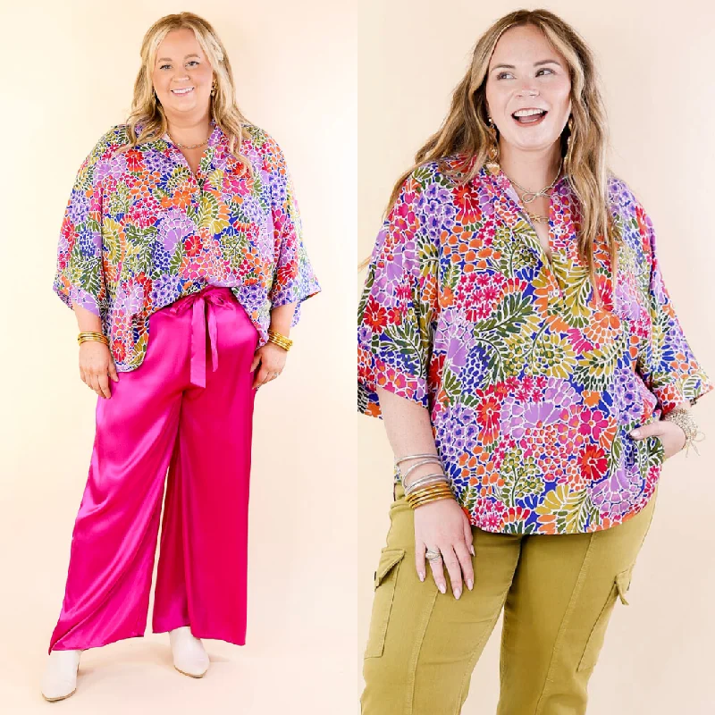 Sweet Surprise Multi-Color Floral Print Half Button Up Poncho Top with Collared Neckline