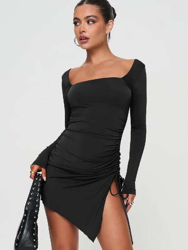 Long Sleeve Slit Mini Dress Black