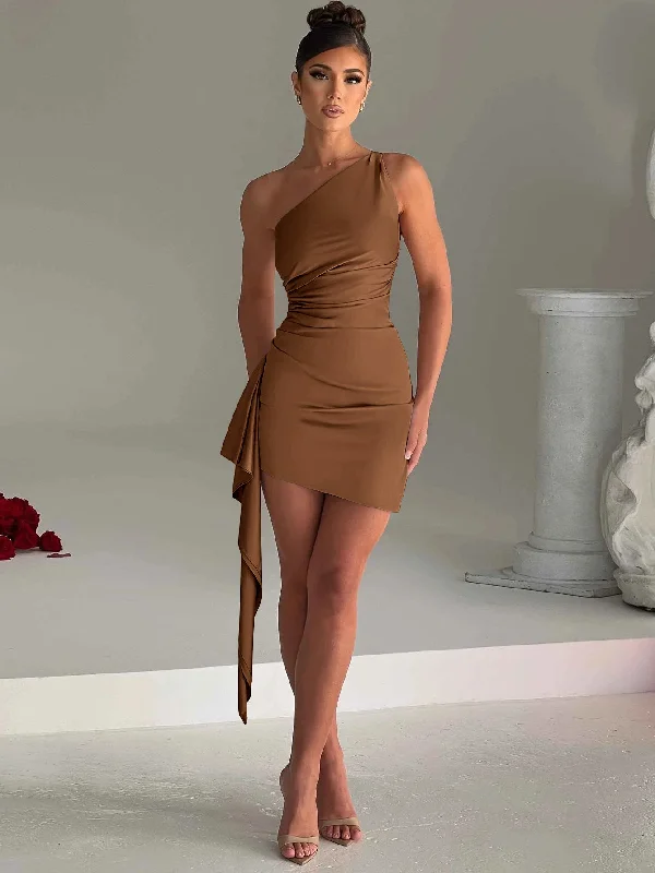 Satin One Shoulder Mini Dress Brown