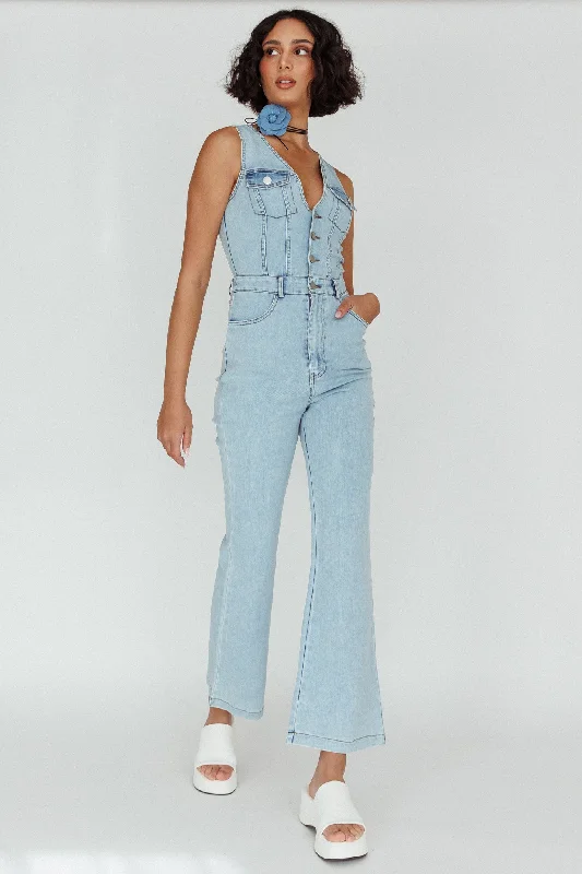 Jazelle Button Front Jumpsuit Washed Blue