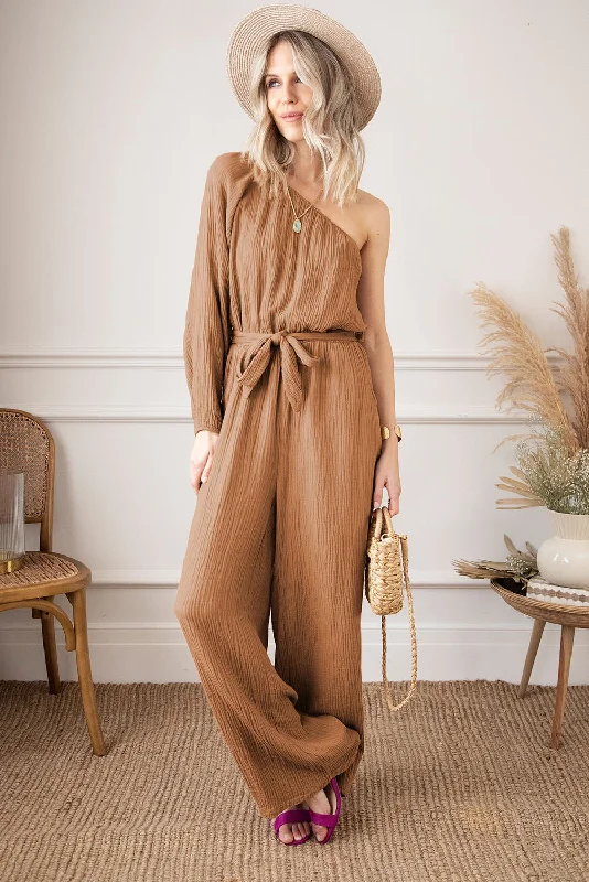 Hot Girl Textured One Shoulder Tie-Waist  Linen Jumpsuit In Honey