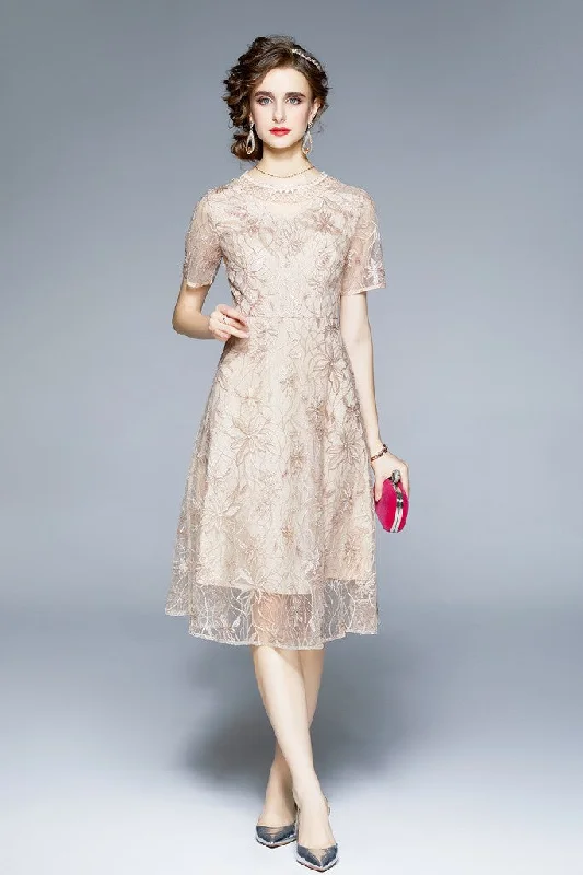 Your Wallet Will Thank You!Apricot Evening A-line Crewneck Short Sleeve Below Knee Lace Dress