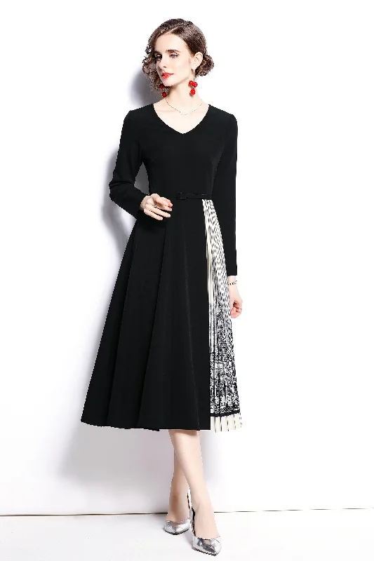 Exclusive Savings This Week!Black & White Office A-line V-neck Long Sleeve Below Knee Dress Exclusive Savings This Week!Black & White Office A-line V-neck Long Sleeve Below Knee Dress