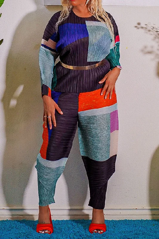 New Discounts Just Dropped!Color Block Laid Back Round Neck Pant Suit