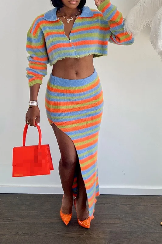 Today’s Deals, Tomorrow’s Regrets!Color Striped High Split Knitted Skirt Suit
