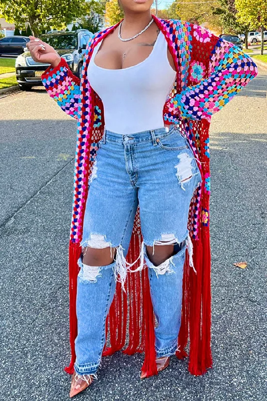 Unlock Huge Savings Now!Colorful Geometric Crochet Belted Tassel Cardigan