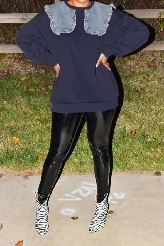 Your Discount is Waiting!Denim Patchwork Cute Round Neck Sweatshirt