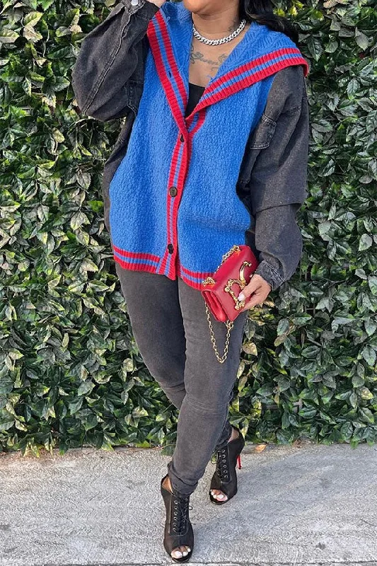 Save Money, Shop Happy!Denim Patchwork Preppy Knitted Coat