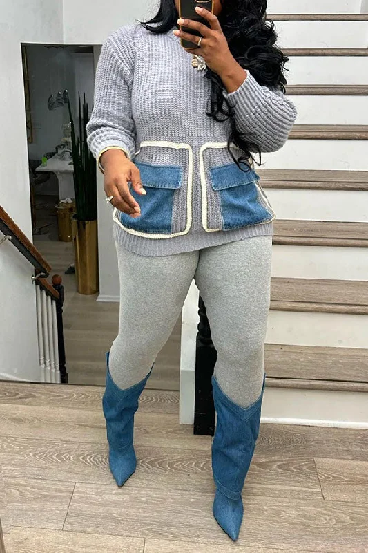 Hot Deals You Can’t Resist!Denim Pocket Patchwork Stylish Round Neck Sweater